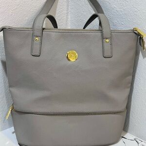 Joy Mangano Gray Double Decker Zip Tote | Structured Work Bag, Gold Hardware